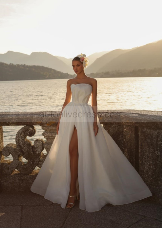 Strapless Ivory Organza Slit Unusual Wedding Dress Strapless Ivory Organza Slit Unusual Wedding Dress
